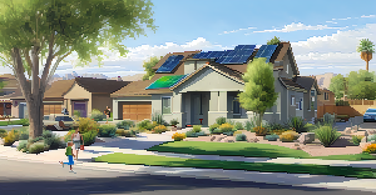 A peaceful suburban neighborhood in Phoenix with eco-friendly homes, solar panels, and families enjoying outdoor activities in a sunny atmosphere.