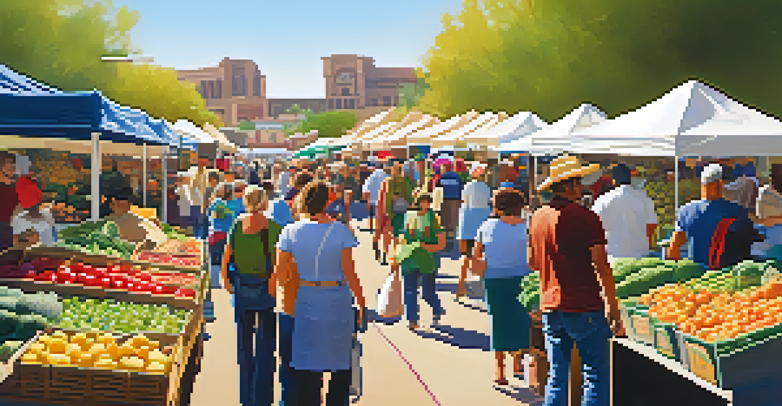 A vibrant farmers' market filled with fresh produce and local artisans, capturing the community atmosphere on a sunny day.