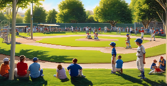 A lively community baseball game with young players on a field, families enjoying picnics, and a playground in the background under a sunny sky.