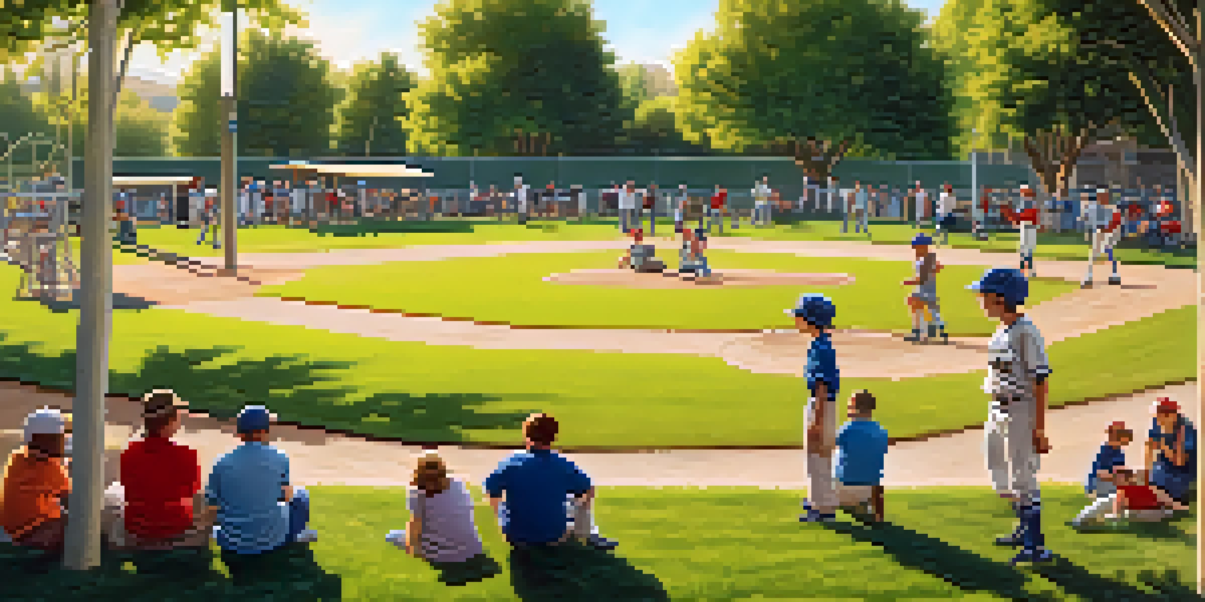 A lively community baseball game with young players on a field, families enjoying picnics, and a playground in the background under a sunny sky.