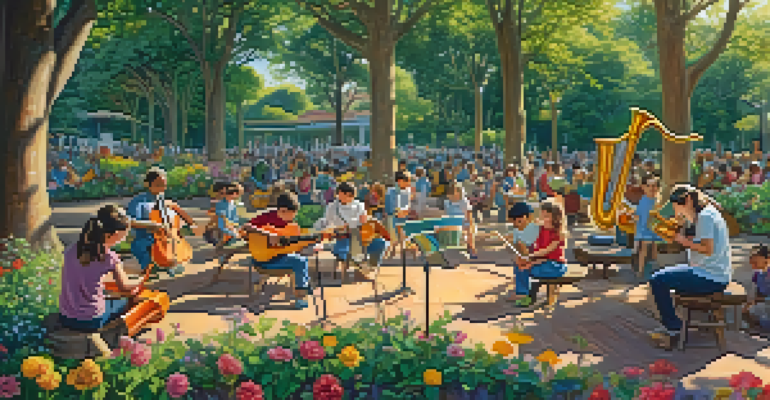 People of all ages playing colorful musical instruments in a sunny park, surrounded by greenery and flowers.