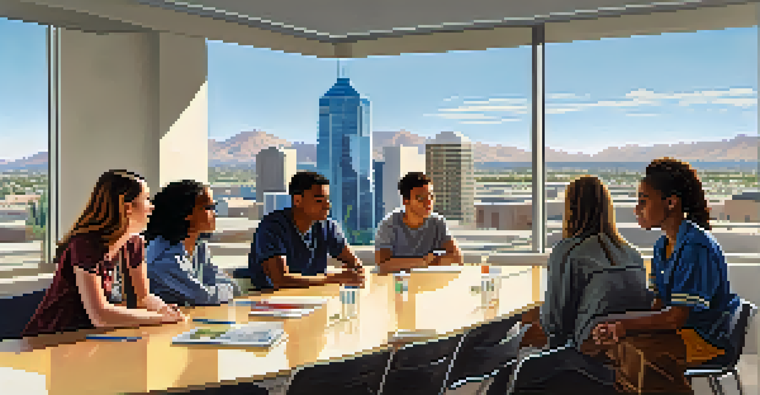 A diverse group of young people sitting around a table in a meeting, discussing local issues with an urban skyline visible through the window.