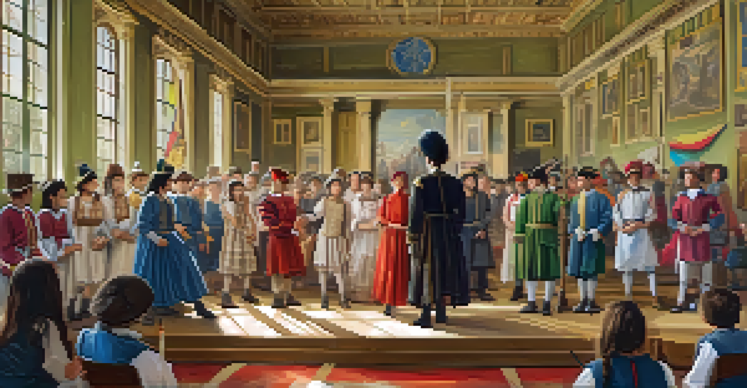 Students performing a historical play in a colorful classroom, with costumes, art supplies, and a vibrant backdrop.