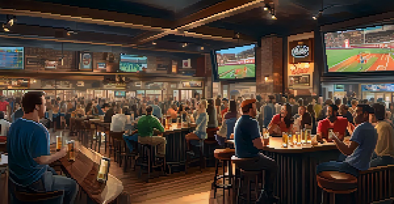 A bustling sports bar with fans cheering at a large screen, featuring a blend of vintage and modern decor and bar snacks on tables.