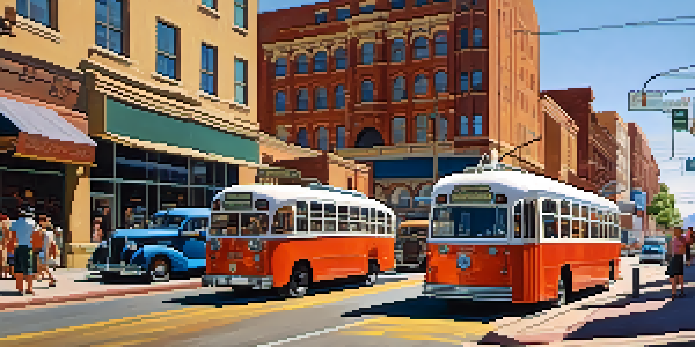 A vintage scene of Phoenix showcasing classic buses and streetcars on a busy street filled with pedestrians and shops.