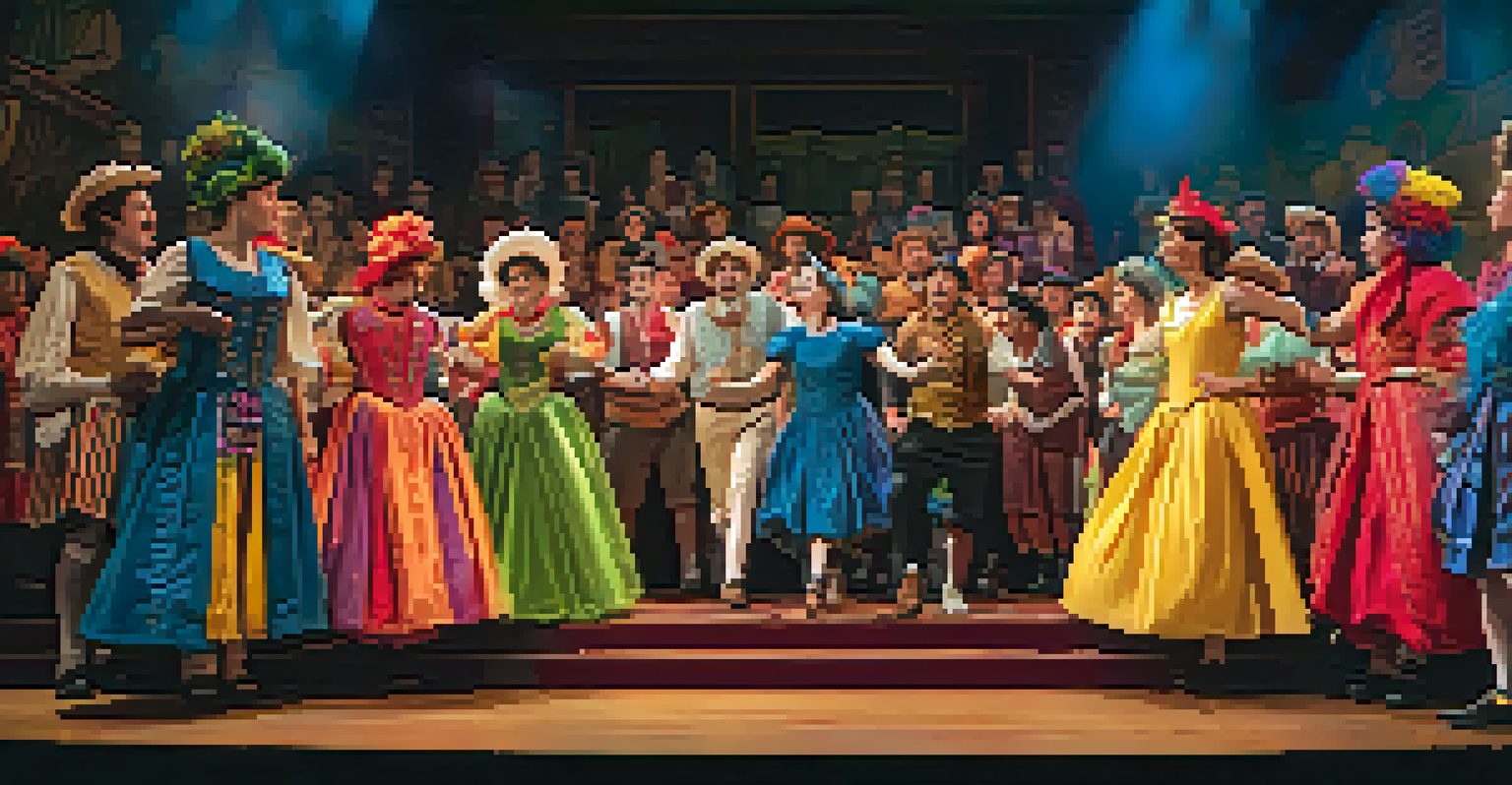 Actors performing a classic play on stage at a community theater, with an engaged audience immersed in the experience.