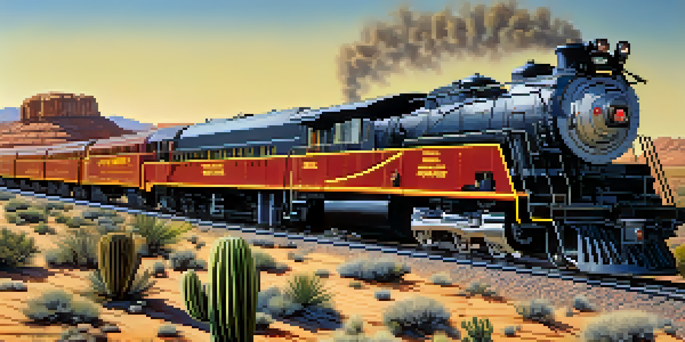 A vintage Southern Pacific Railroad train moving through a desert landscape, highlighted by cacti and a clear blue sky.