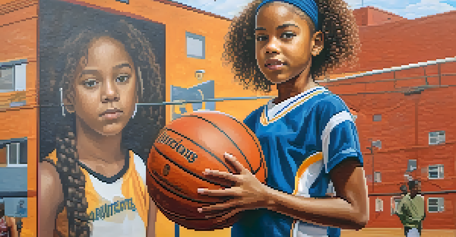 A young girl in sports gear holding a basketball, looking determined, with murals of female athletes in the background.