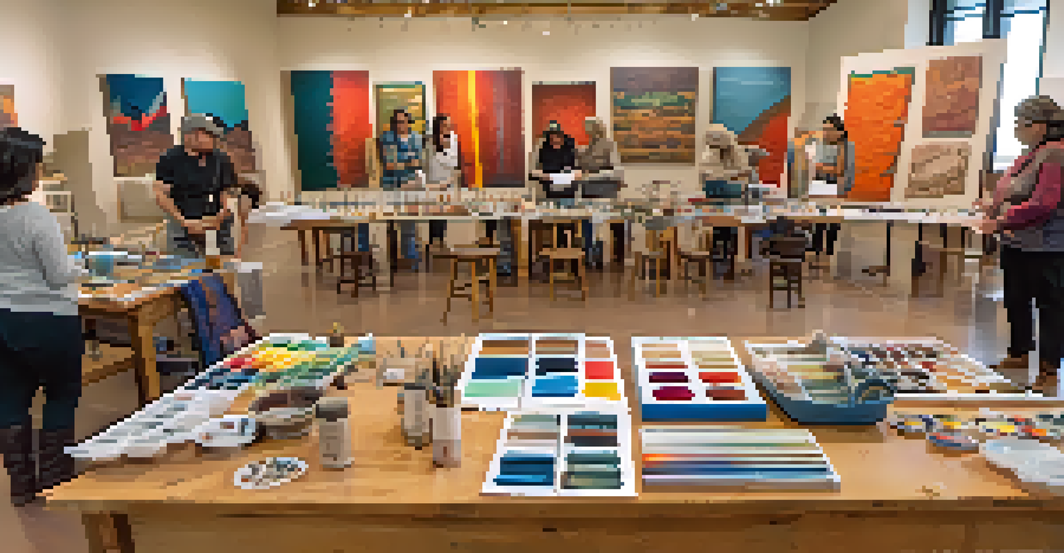 A workshop setting with participants learning traditional Pima and Maricopa art techniques from a local artist, surrounded by art supplies and cultural artifacts.
