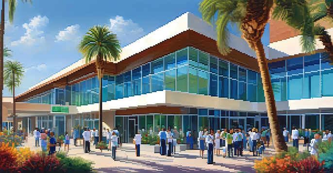 A modern hospital in Phoenix with healthcare professionals interacting with patients outside, featuring large glass windows and vibrant landscaping.