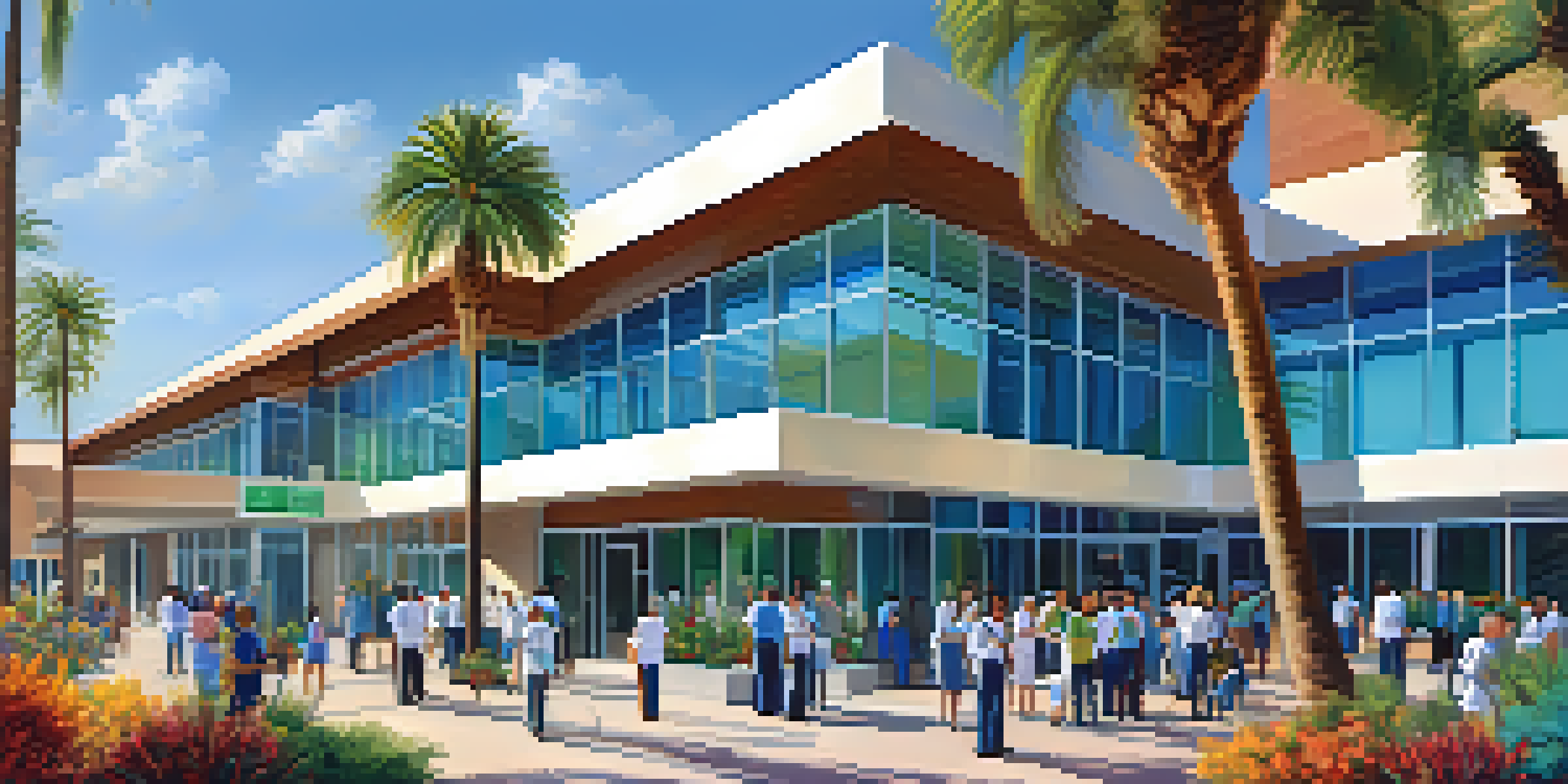 A modern hospital in Phoenix with healthcare professionals interacting with patients outside, featuring large glass windows and vibrant landscaping.
