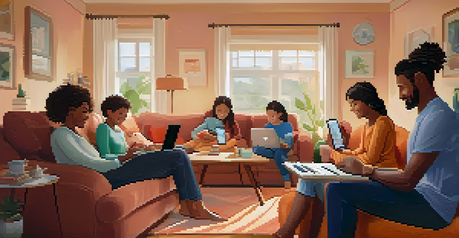 A family using telehealth services at home with a laptop on a couch and a child holding a tablet while speaking to a healthcare provider.