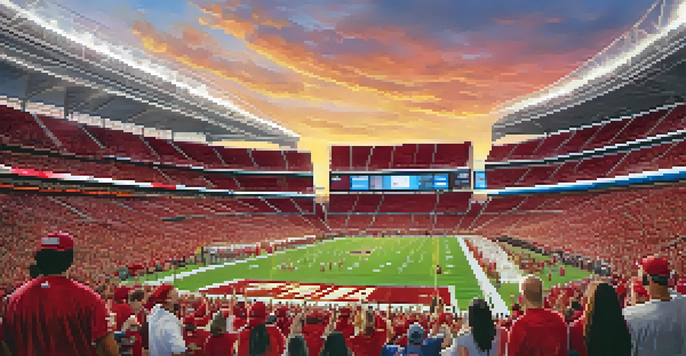 A lively football game scene at State Farm Stadium, with enthusiastic fans in Arizona Cardinals jerseys and a colorful sunset.