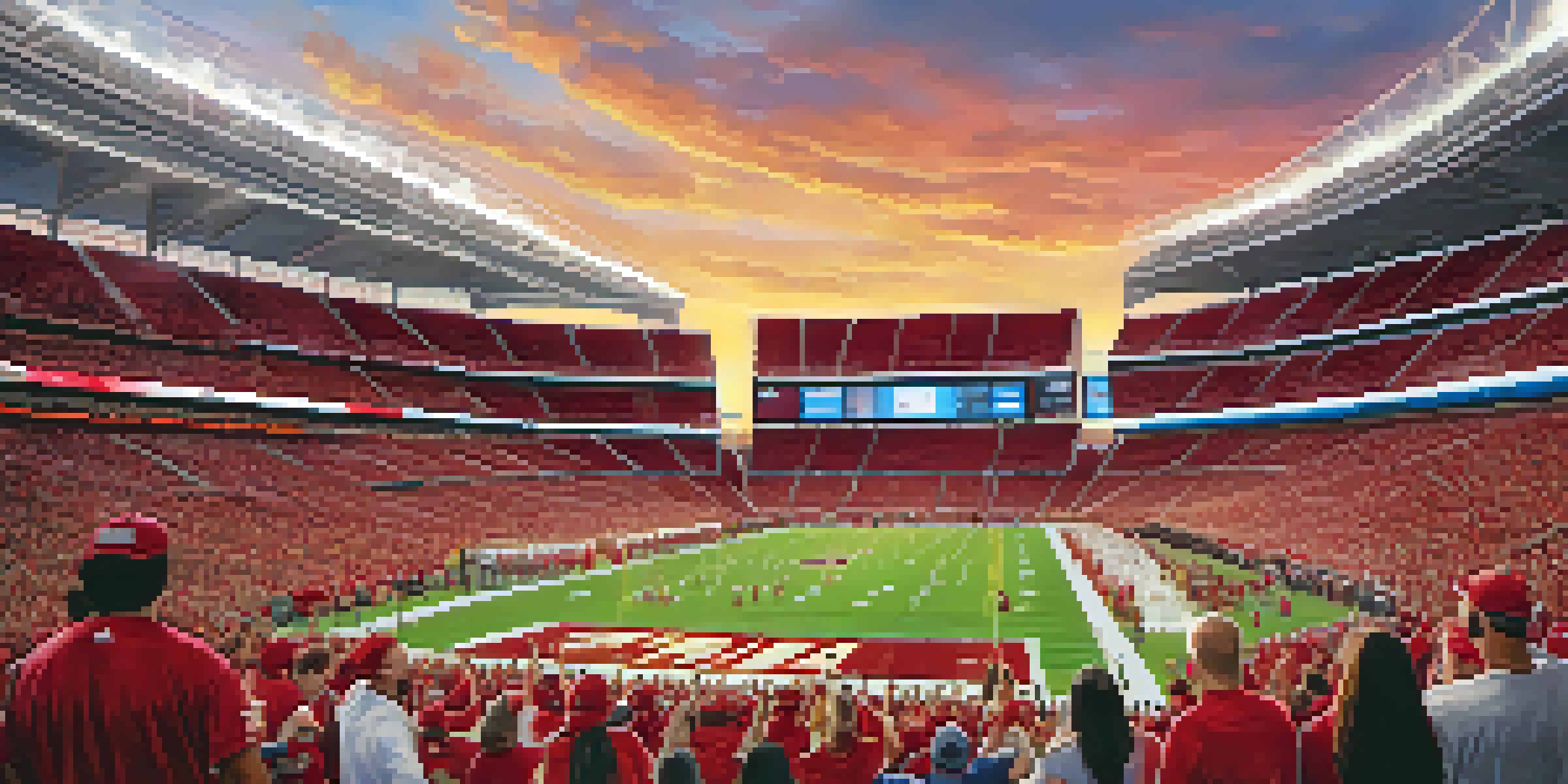 A lively football game scene at State Farm Stadium, with enthusiastic fans in Arizona Cardinals jerseys and a colorful sunset.