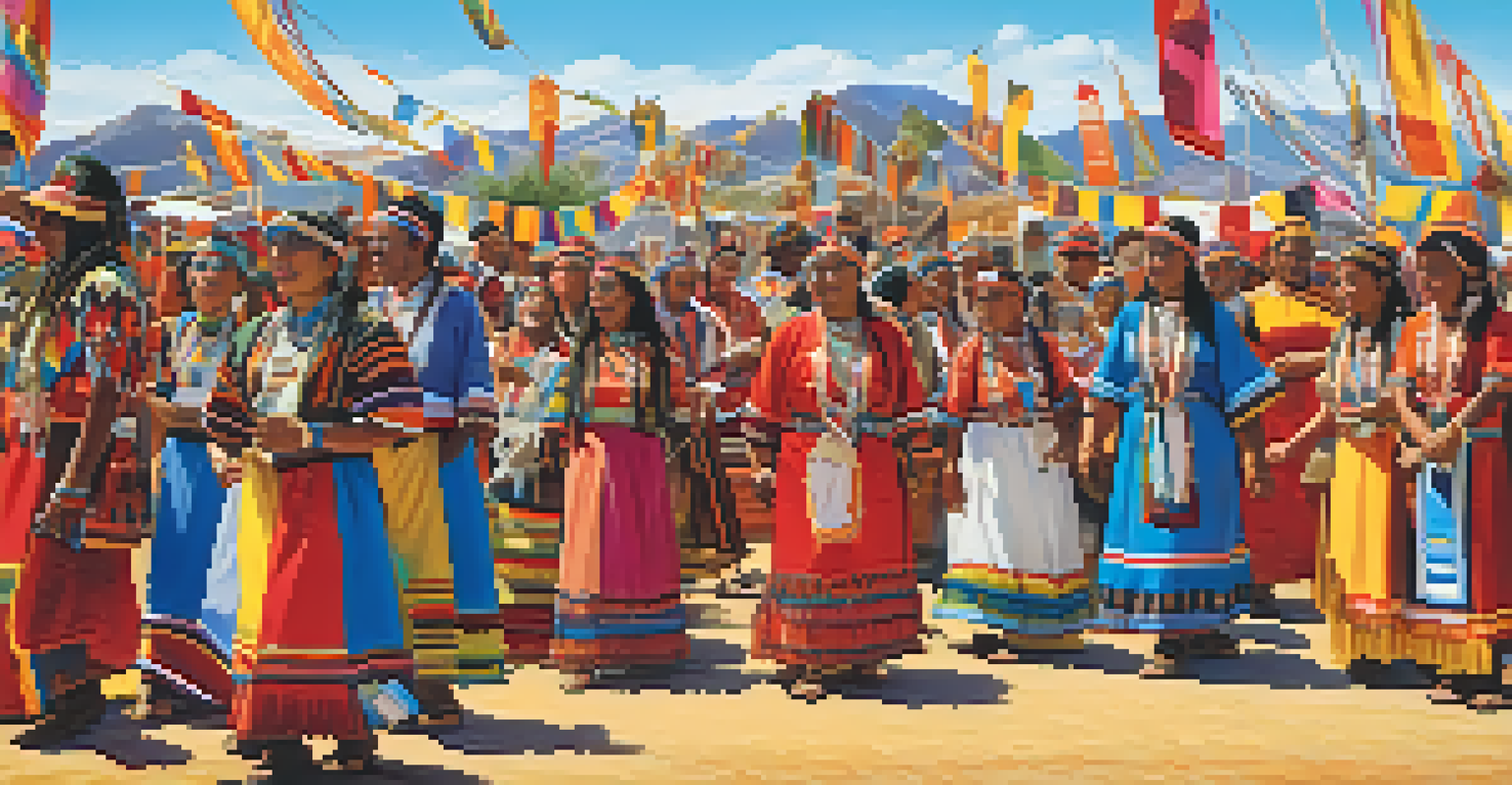 A lively cultural festival with Akimel O'odham tribe members in traditional attire, celebrating with music, dance, and crafts.