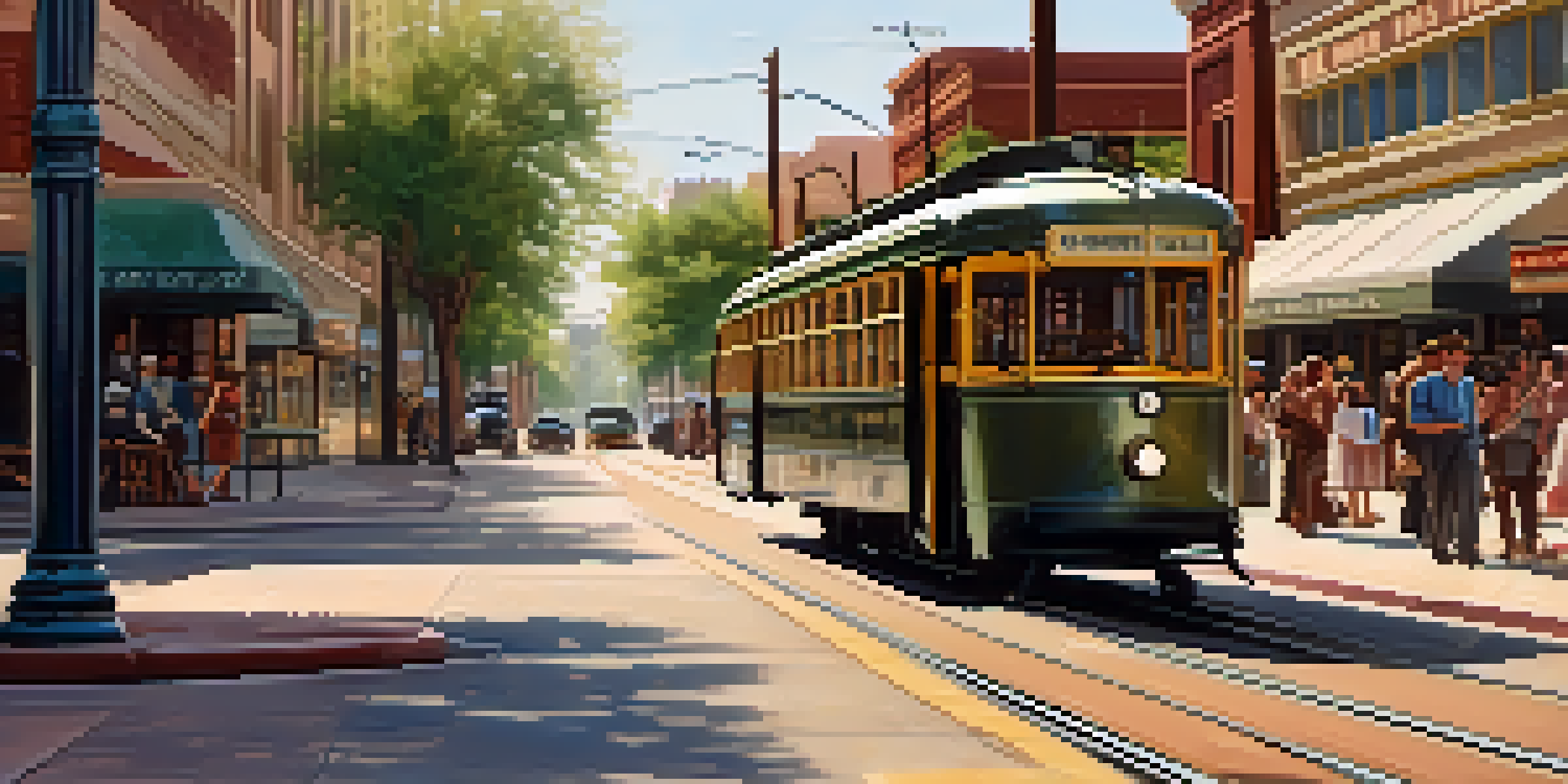 A vintage streetcar from the 1940s in downtown Phoenix, surrounded by old storefronts and people walking, bathed in warm sunlight.