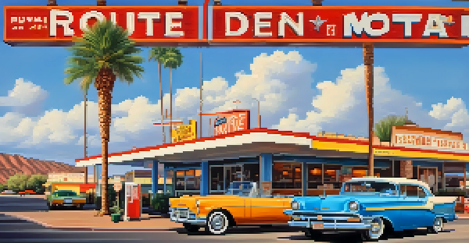 A colorful depiction of Route 66 in Phoenix with vintage diners and motels, under a blue sky with palm trees and a classic car parked nearby.