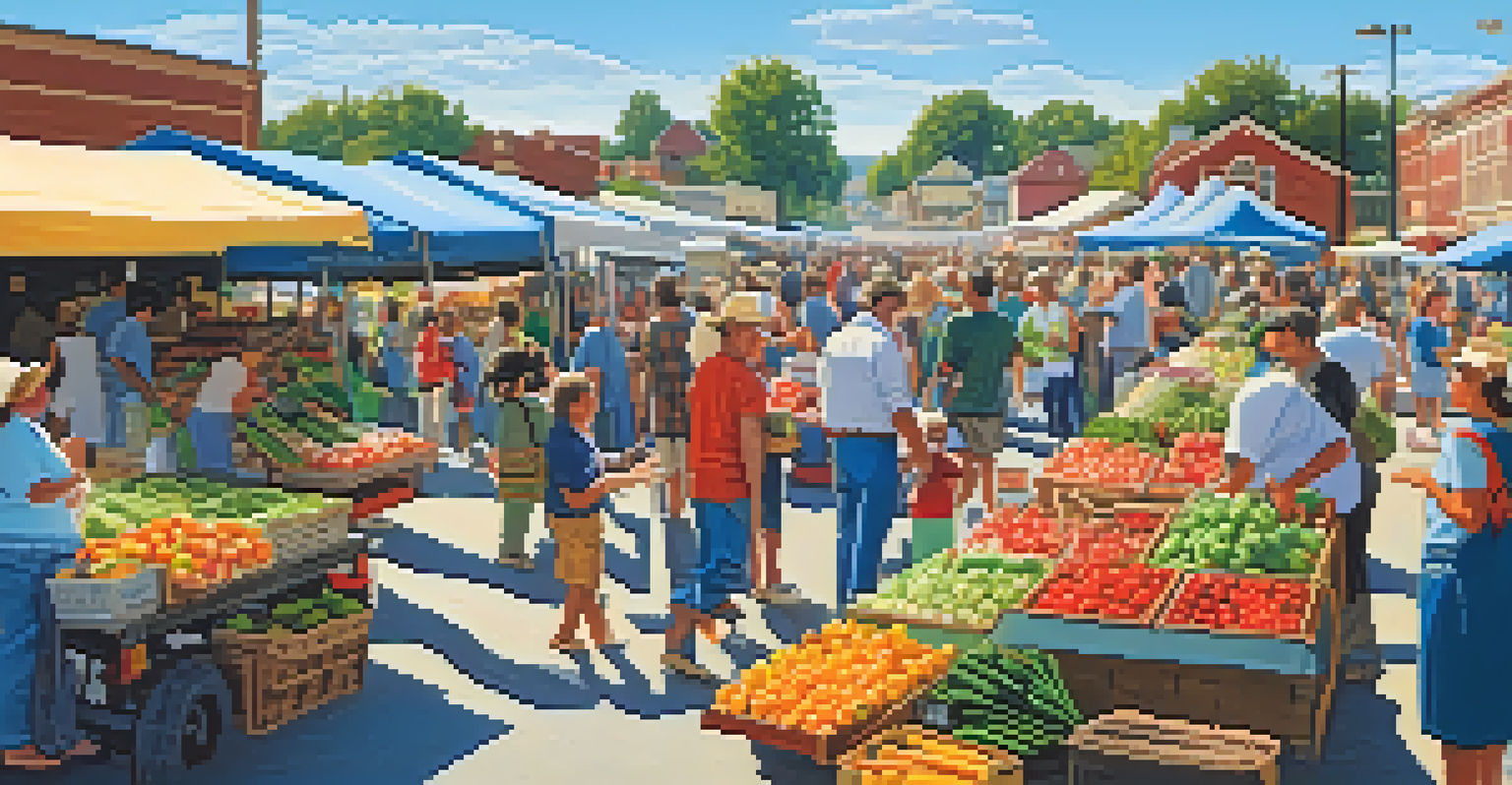 A lively farmers' market with colorful stalls of fruits and vegetables, people interacting with farmers under a clear blue sky.