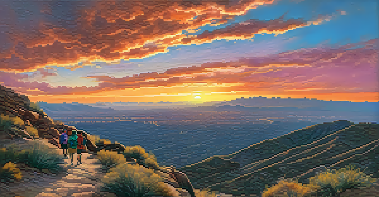 A family hiking at sunset on South Mountain Park, with a stunning view of the desert landscape and colorful sky.