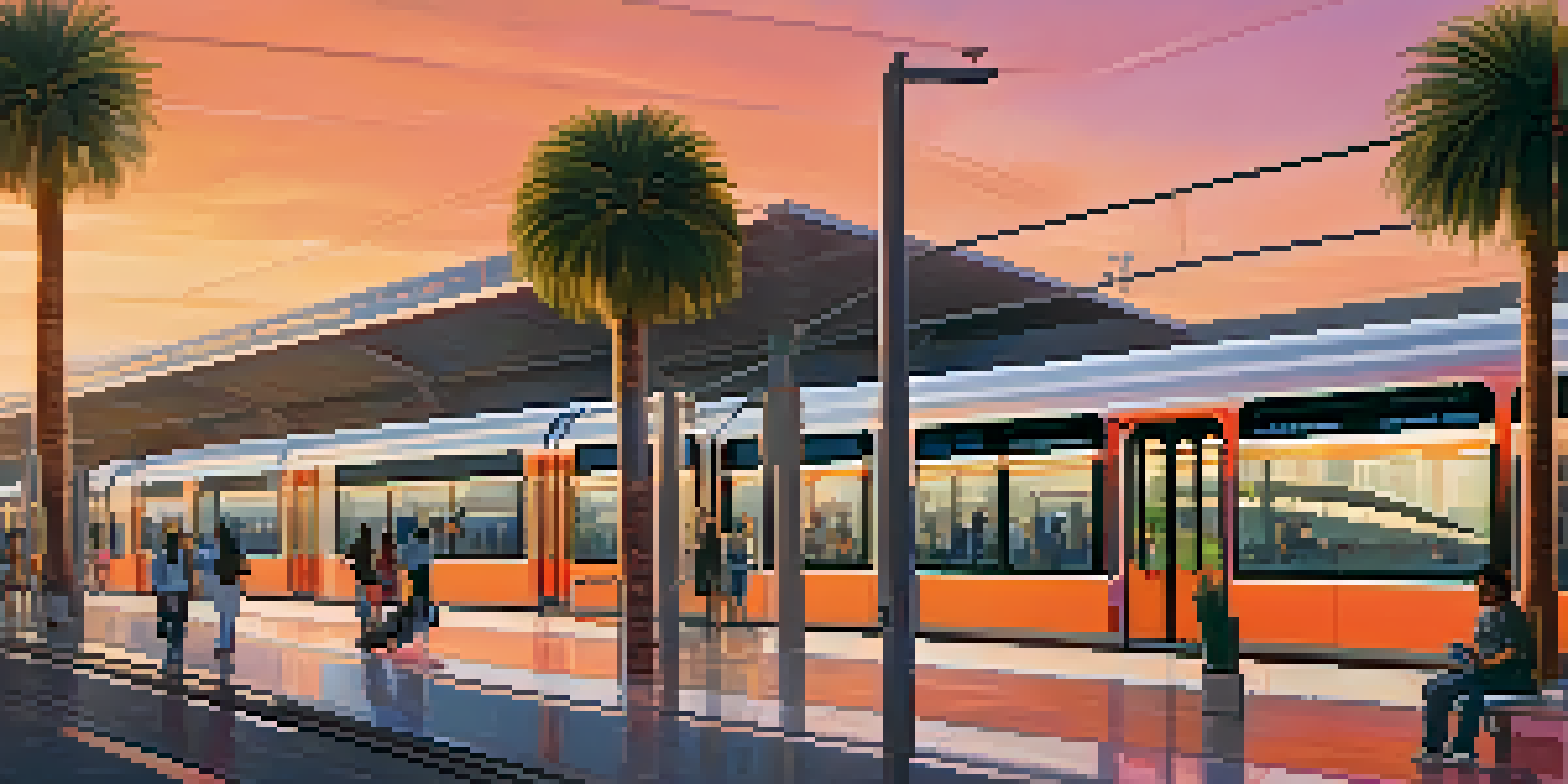 A sunset view of a Phoenix light rail station with diverse commuters waiting on the platform and palm trees surrounding the area.