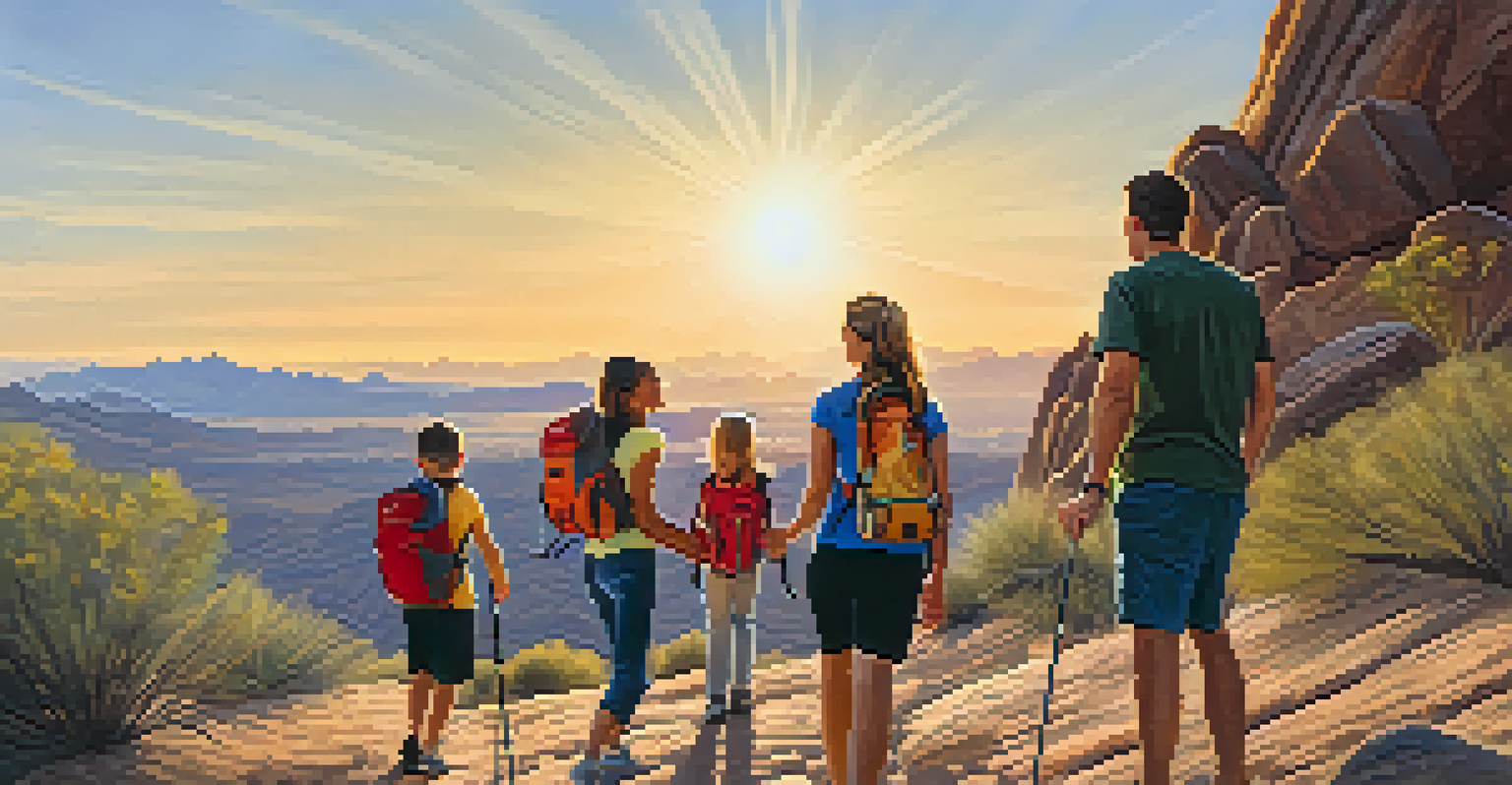 A family hiking at South Mountain Park, enjoying a sunset view with desert scenery in the background.