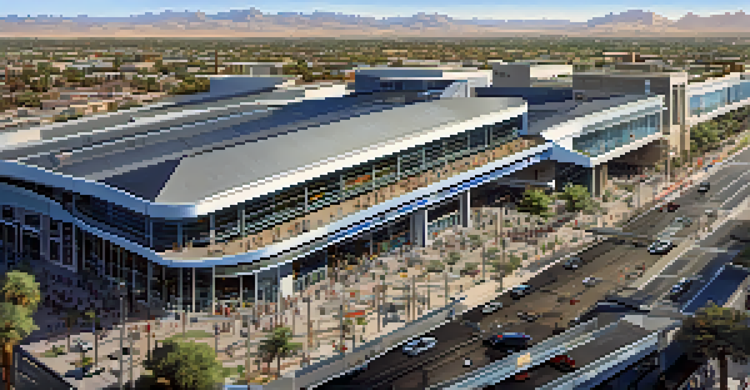 An aerial view of a light rail station in Phoenix with surrounding urban development.