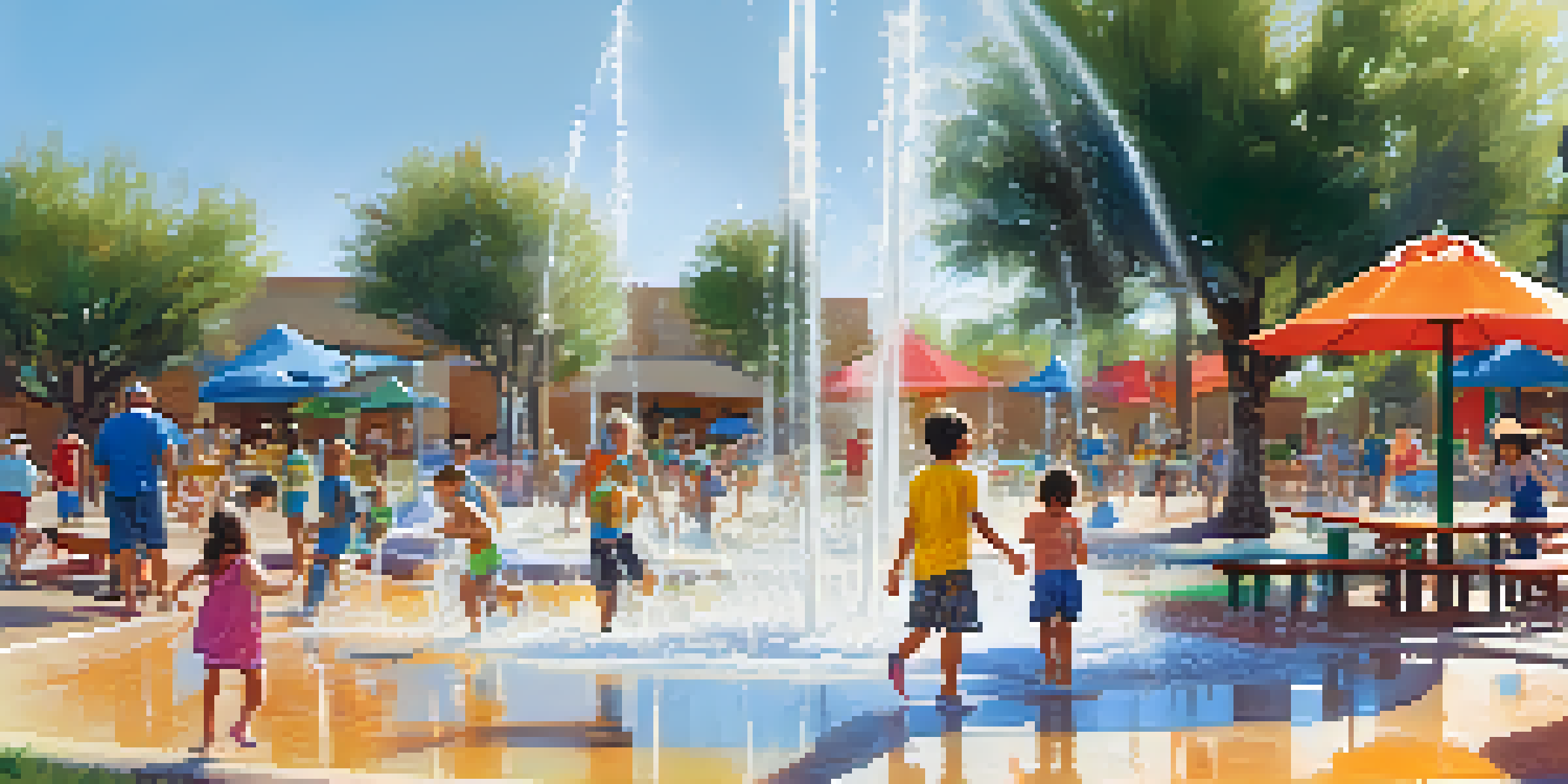 Children playing in a splash pad with colorful water features and parents relaxing nearby.