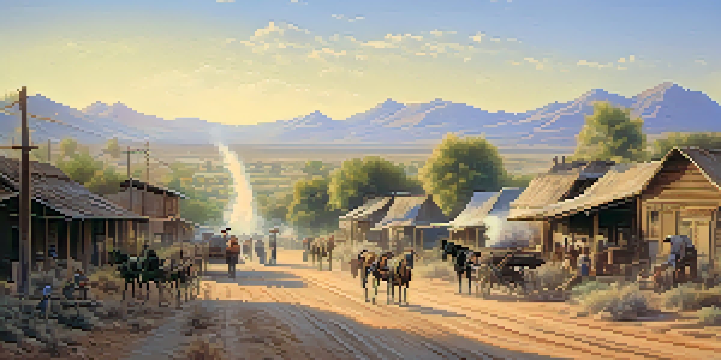 A historical depiction of early Phoenix with settlers working in agricultural fields, surrounded by cotton and citrus crops, set against a blue sky and rustic buildings.