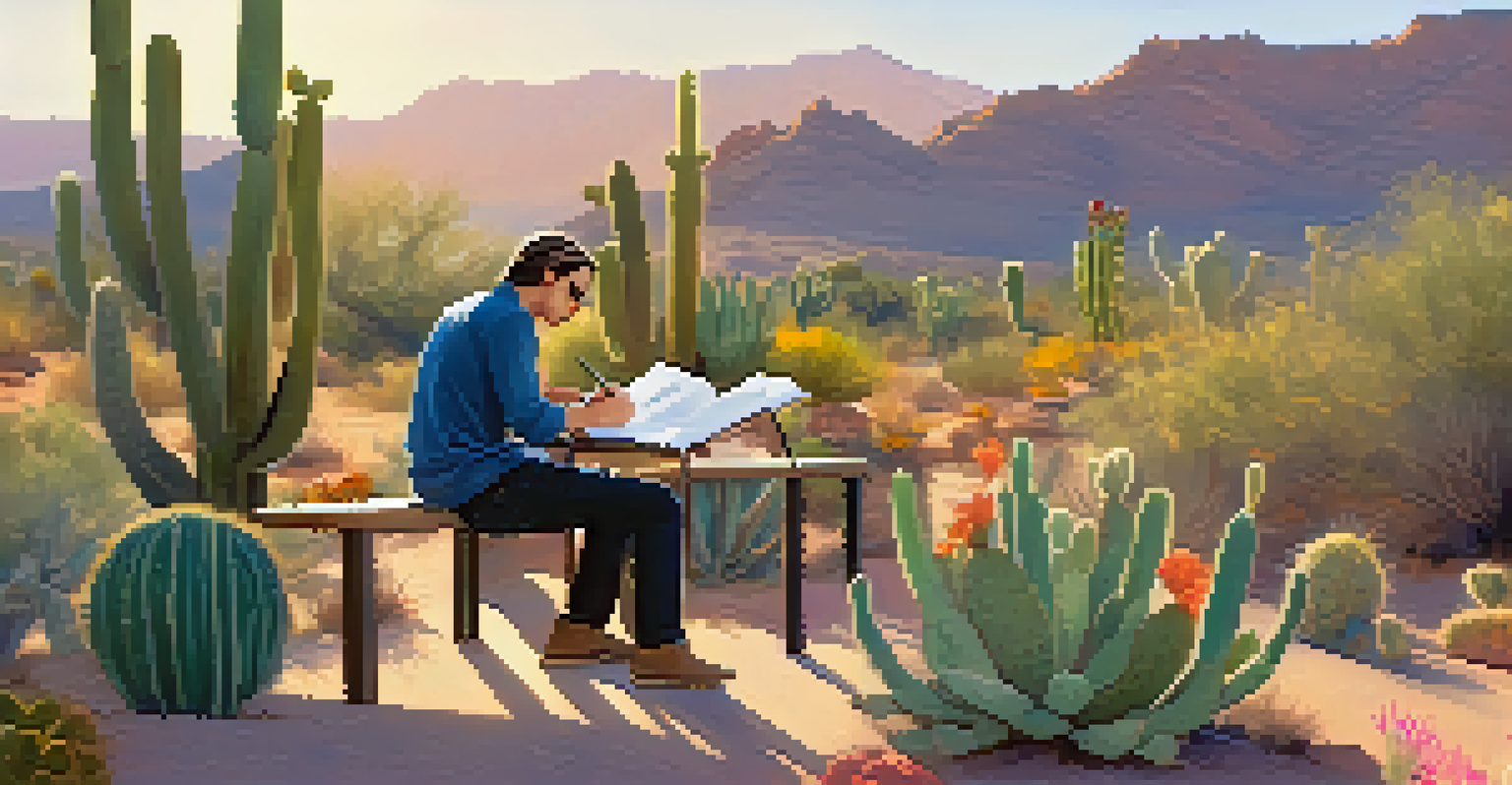 A writer in the Desert Botanical Garden at sunset, sketching amidst cacti and wildflowers in a tranquil setting.