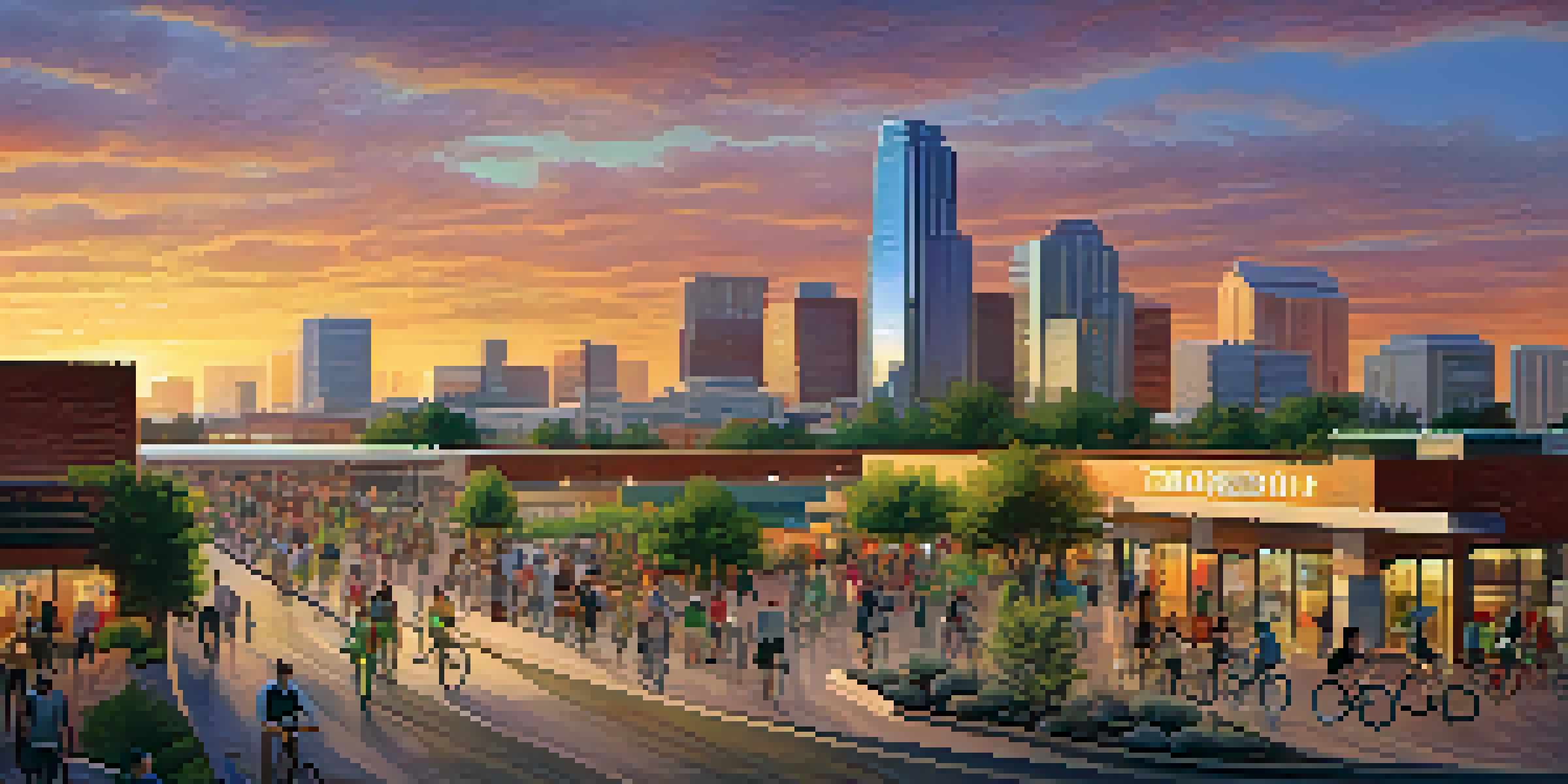 A vibrant urban scene in Phoenix with a modern skyline, solar panels, and people commuting on bikes during sunset.