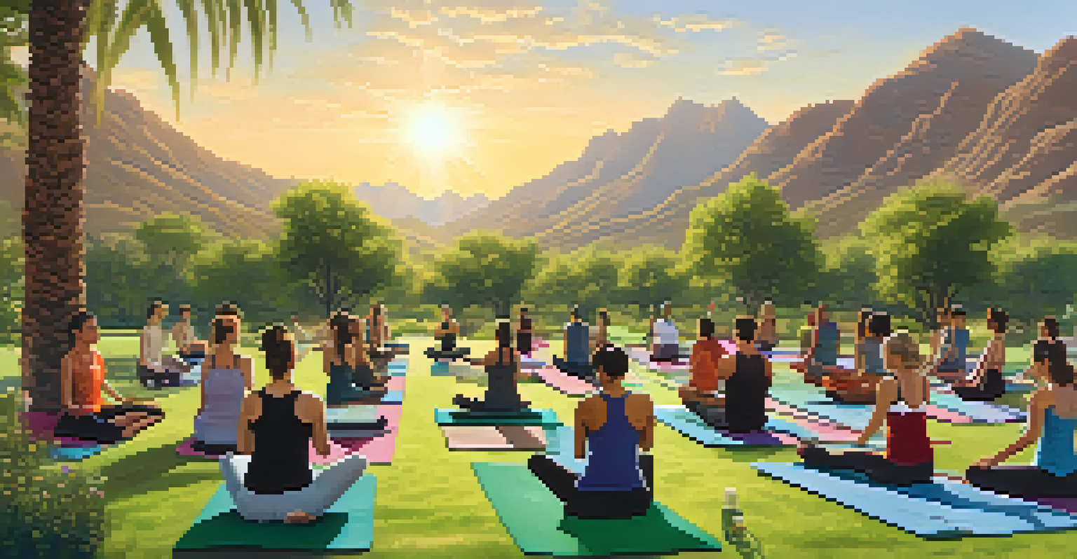 A group of people practicing yoga outdoors in a green area with mountains in the background.