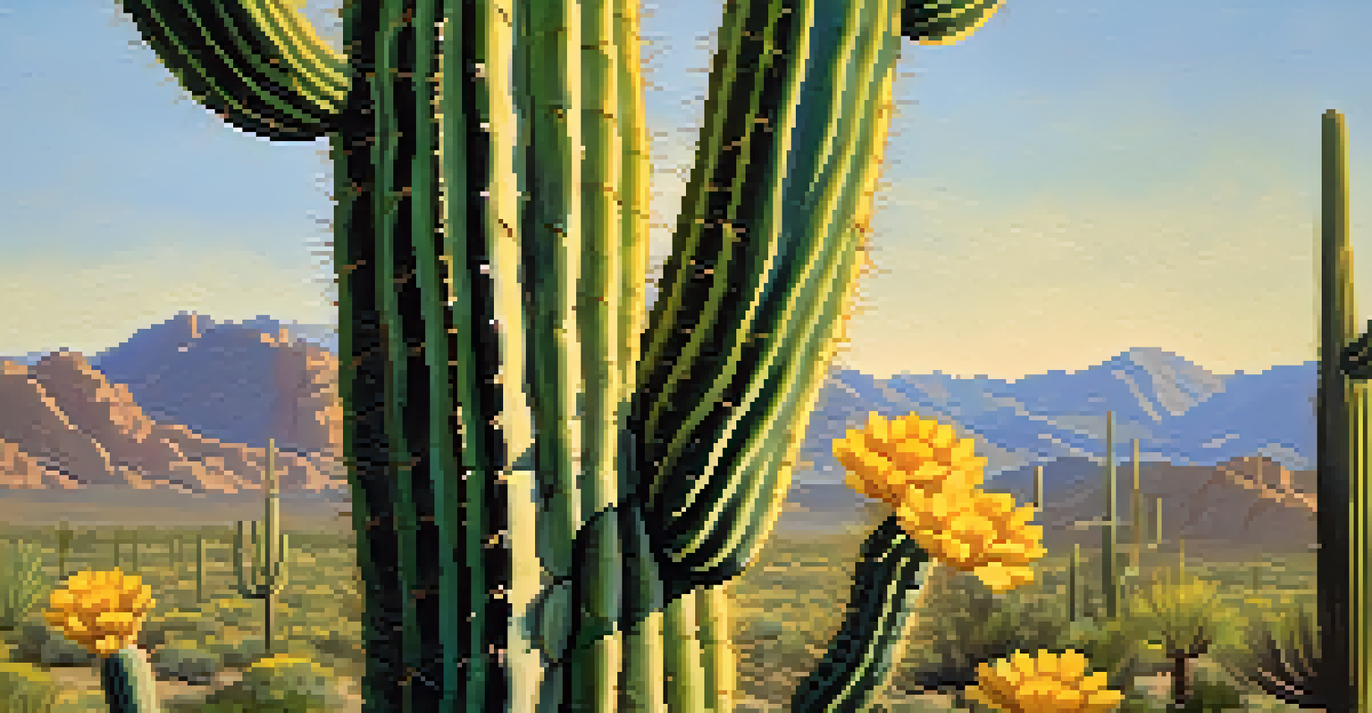 A close-up of a tall saguaro cactus with yellow flowers, set against a soft-focused desert landscape in warm sunlight.