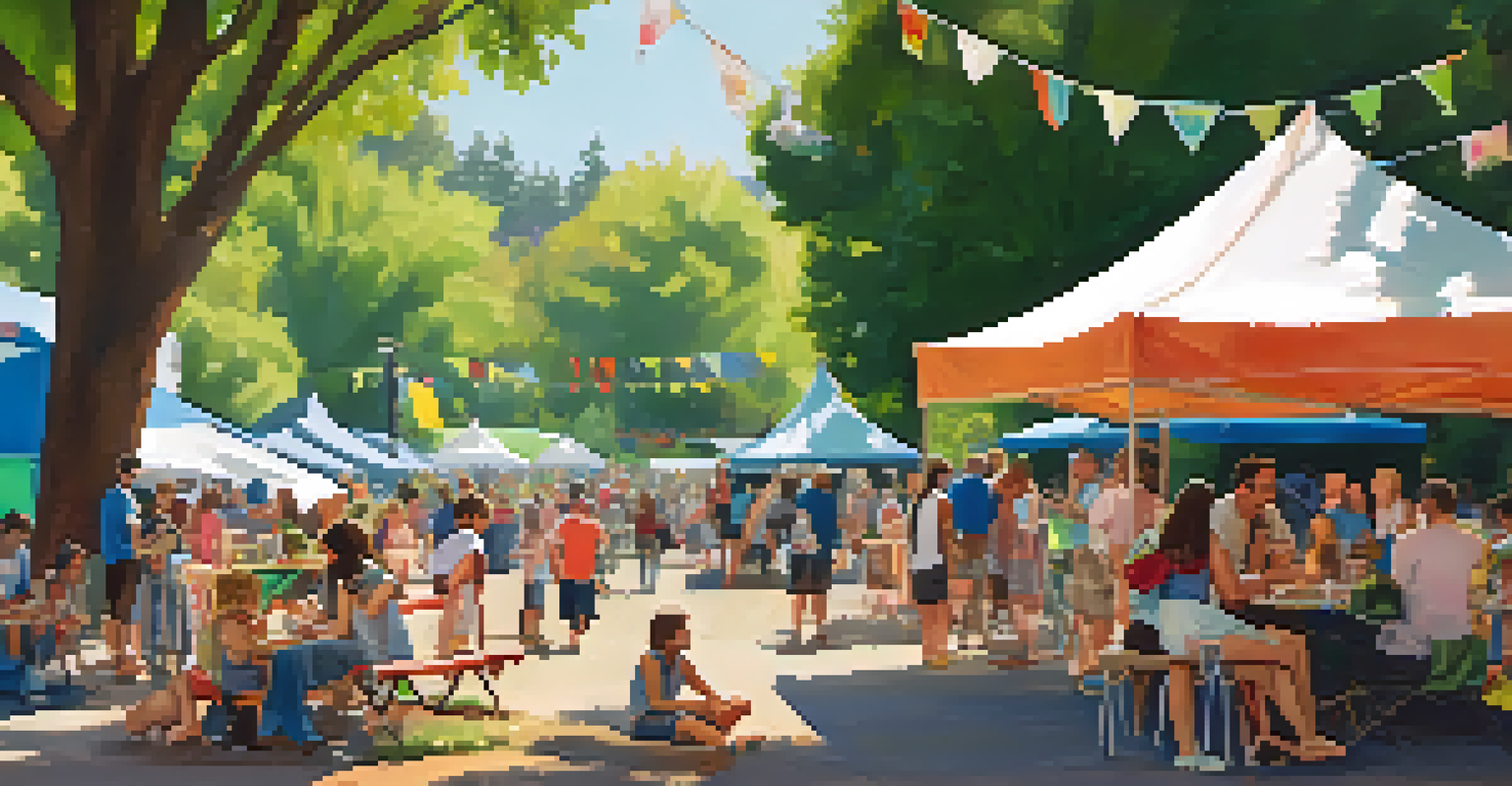 A lively outdoor festival in a park with people enjoying food, music, and community activities amidst green trees and colorful tents.