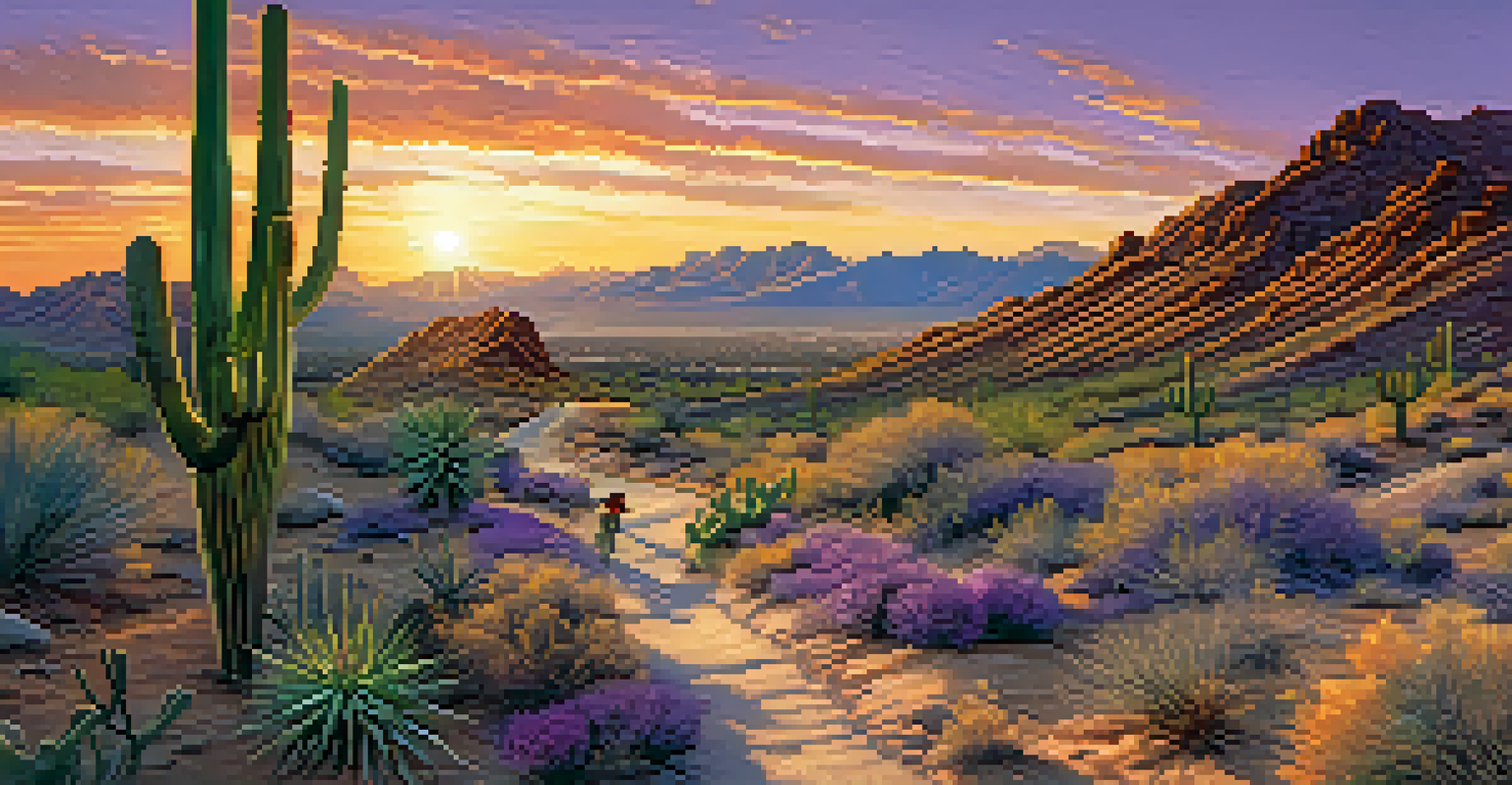 A scenic sunset view of South Mountain Park, showing mountain bikers on a trail with vibrant orange and purple skies.