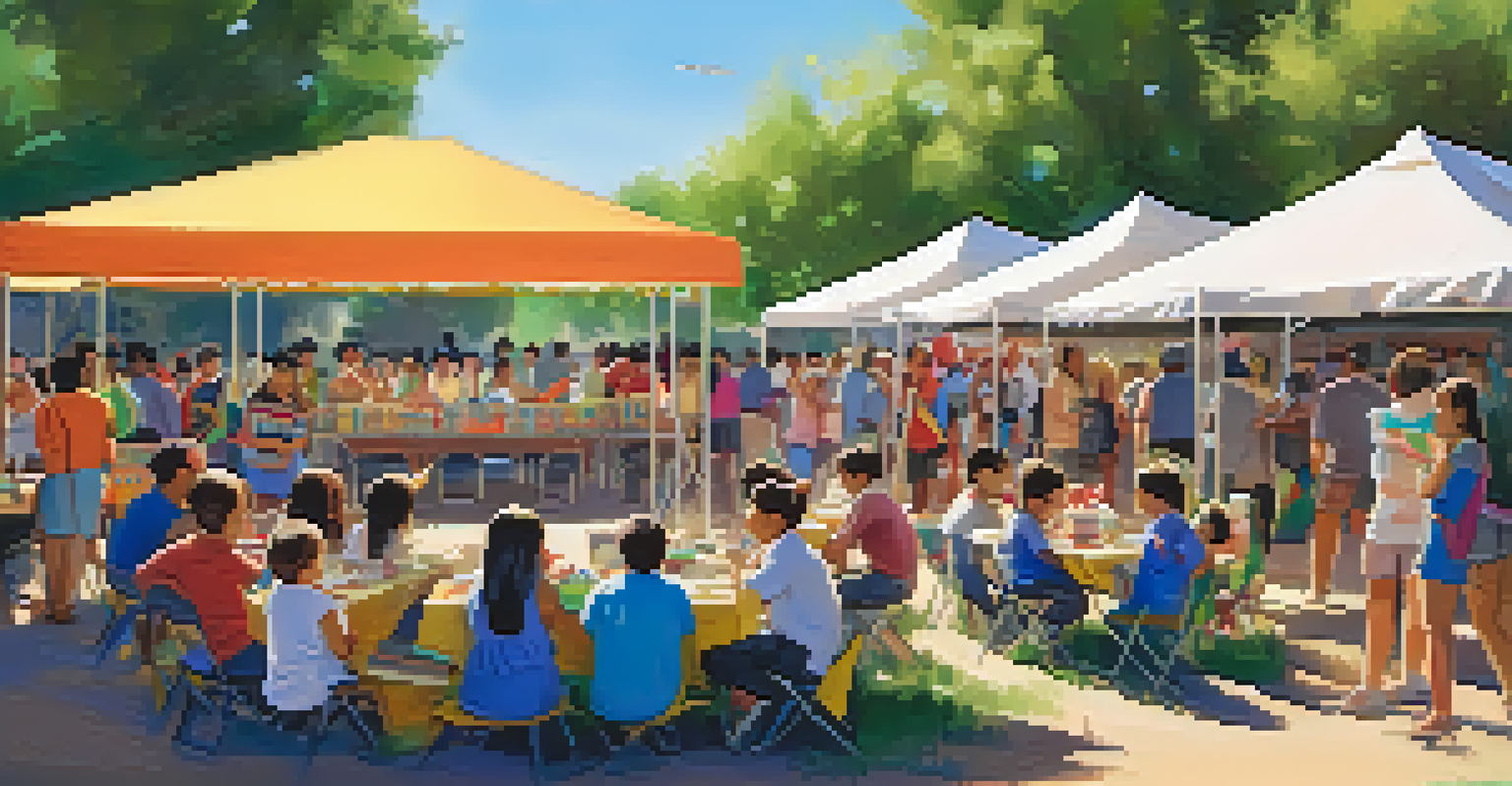 A festive outdoor library event in Phoenix with local artists performing, families enjoying storytelling, and colorful decorations.