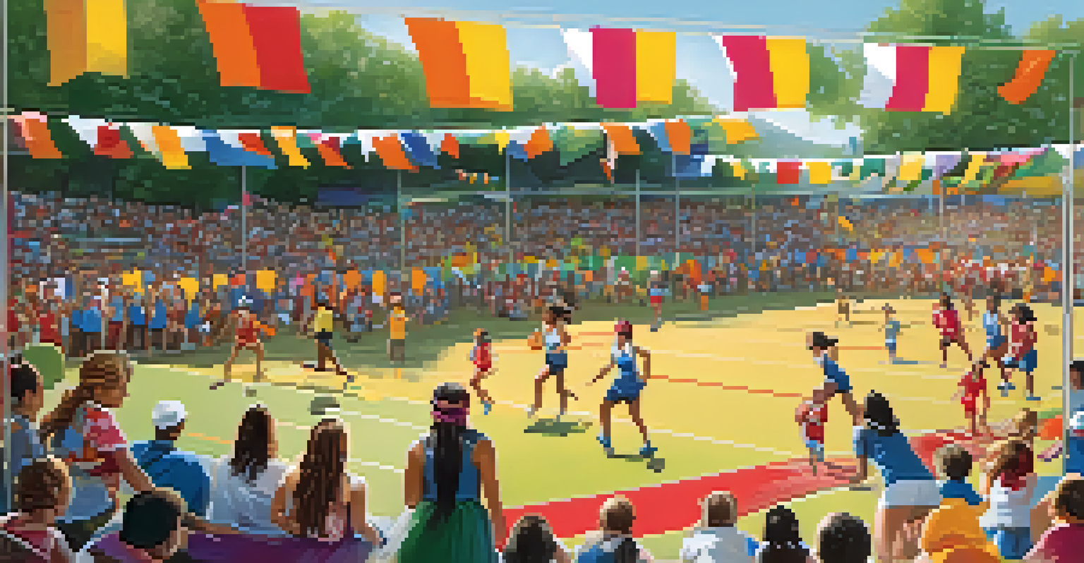 A vibrant community event for the Women's Sports Festival, with families and children engaged in sports activities and celebrating female athletes.