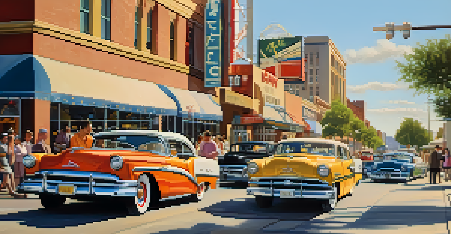 A busy downtown street in 1950s Phoenix with classic cars and vibrant shopfronts.