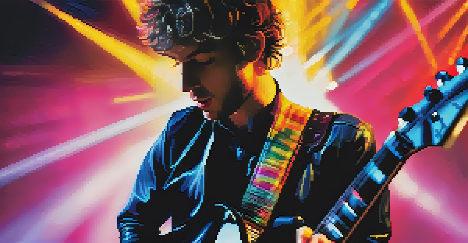 A musician playing an electric guitar on stage with colorful lights in the background.