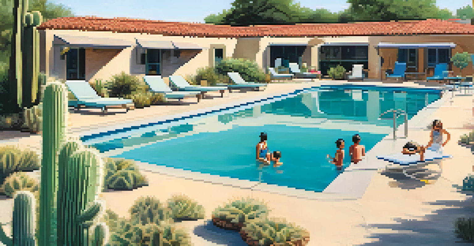 A quiet Cactus Pool with families enjoying the water and shaded lounge chairs.