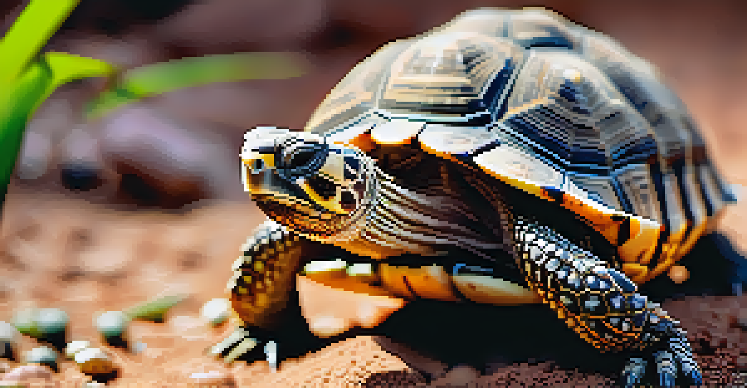 A close-up of a desert tortoise with moisture on its shell, surrounded by lush green plants after rainfall.