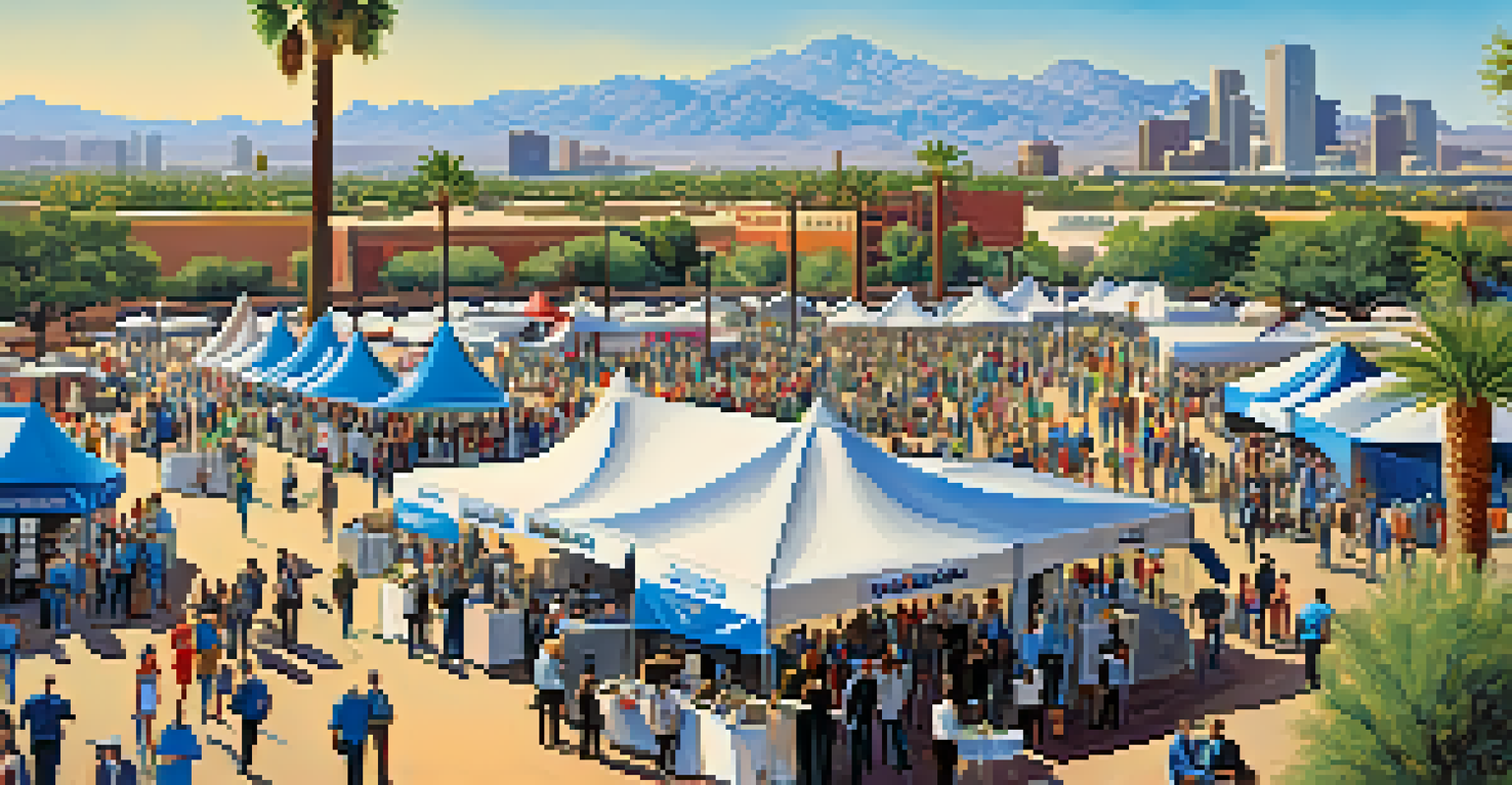 A lively outdoor career fair in Phoenix, with job seekers and employers interacting, colorful tents, and palm trees in the background.