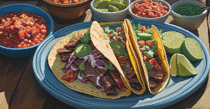 A vibrant assortment of tacos on a wooden table with natural sunlight illuminating the scene.