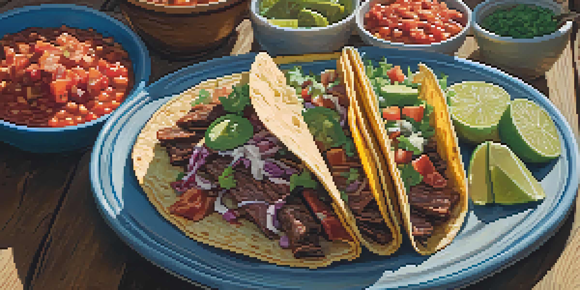 A vibrant assortment of tacos on a wooden table with natural sunlight illuminating the scene.