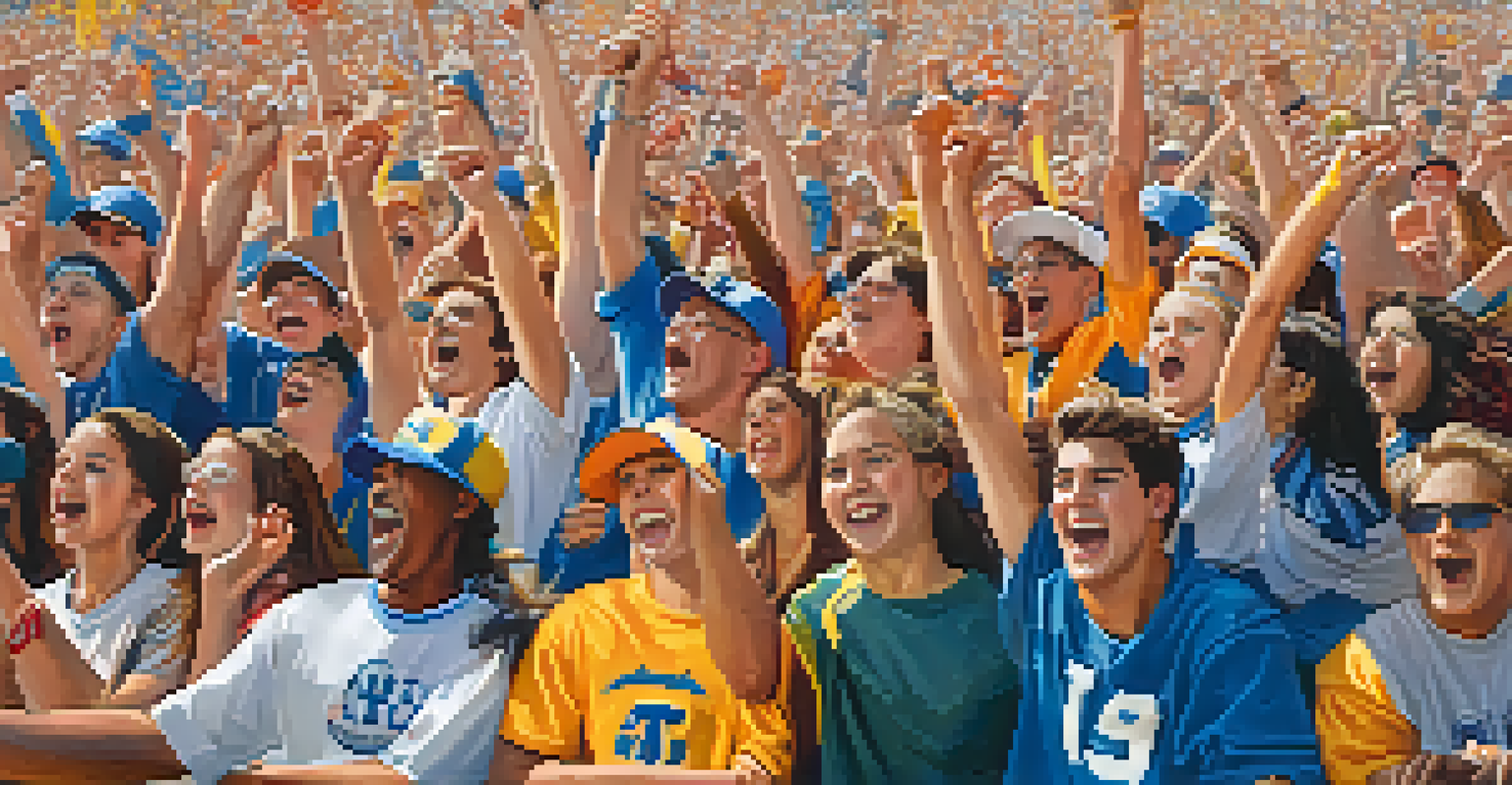 Close-up of enthusiastic college sports fans in team colors, passionately cheering at a game, with a vibrant crowd and players in action in the background.