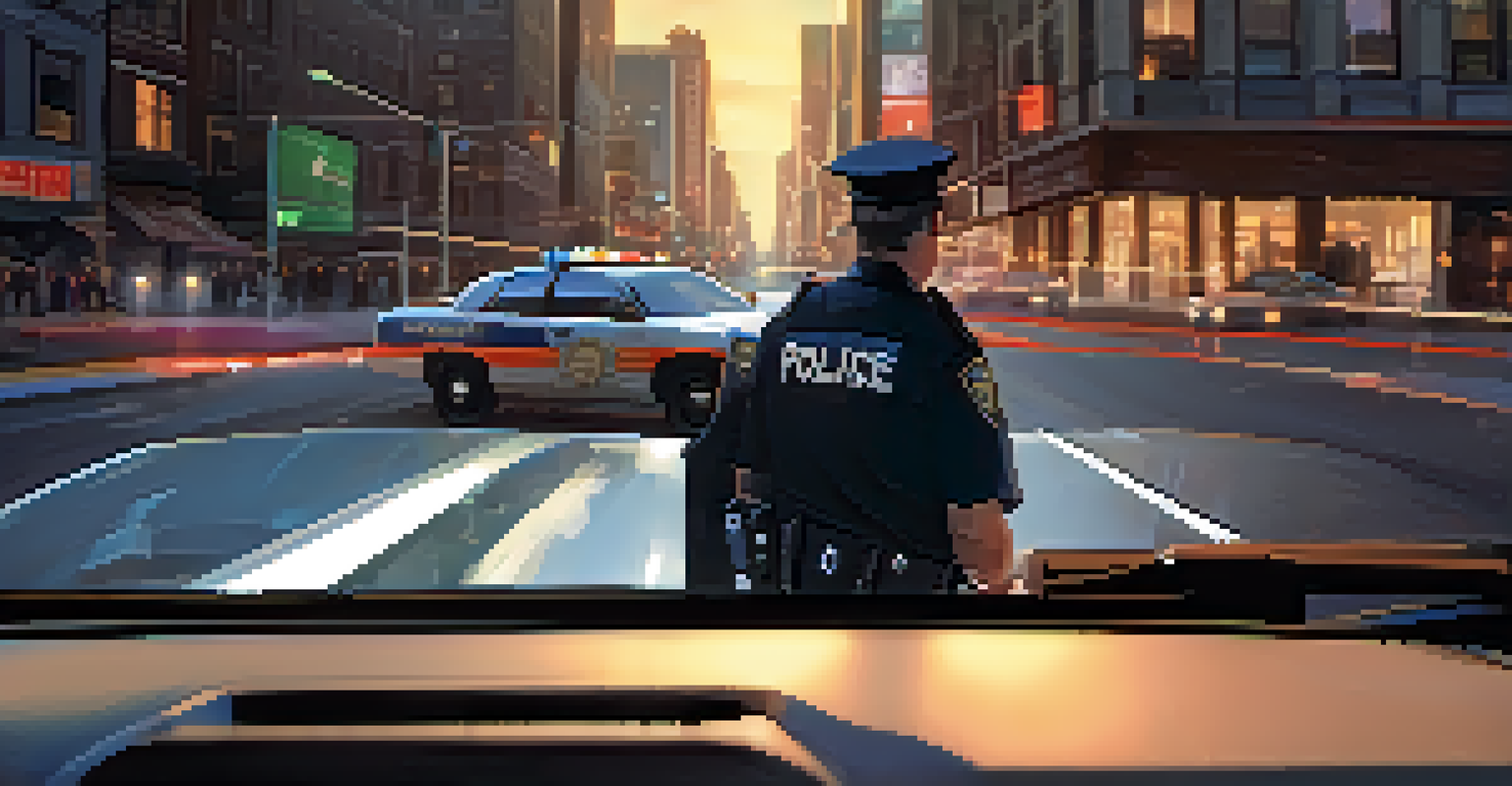 A police officer analyzing data on a tablet inside a patrol car, with city lights in the background.