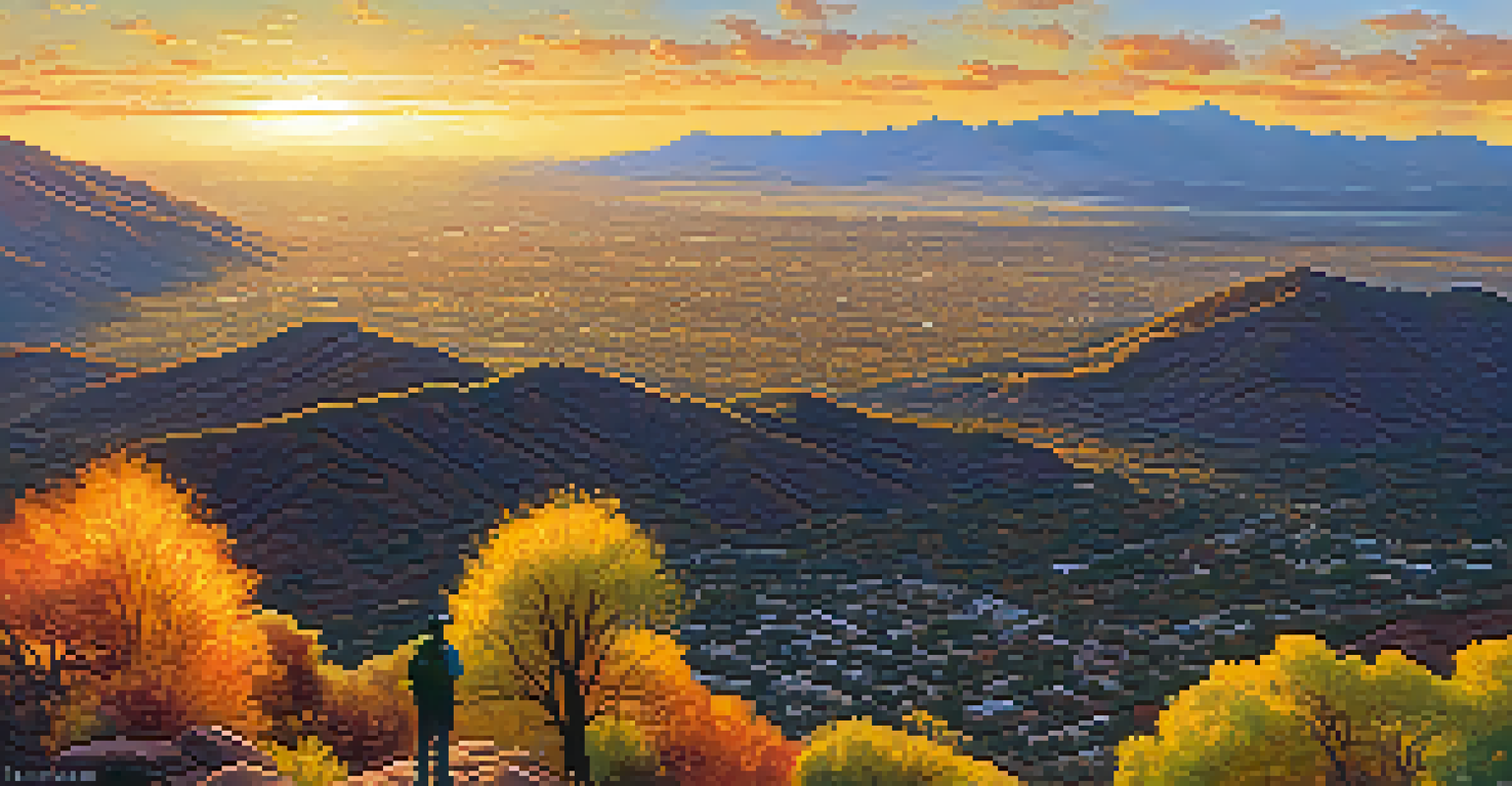 A beautiful autumn landscape from South Mountain Park, with colorful trees and a hiker overlooking the Phoenix valley at sunset.