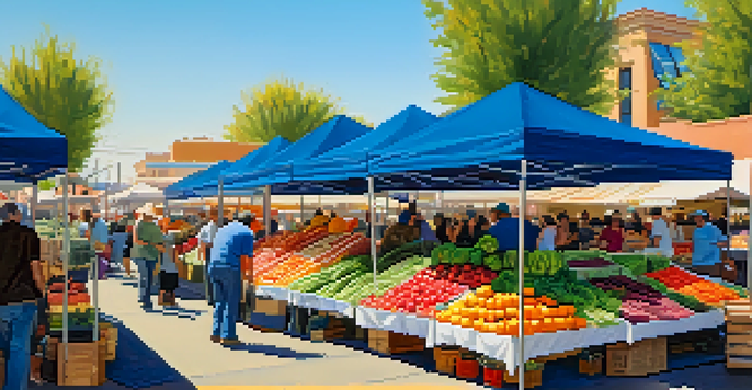 A lively farmers' market in Phoenix with colorful produce, local vendors, and customers enjoying the atmosphere under a blue sky.