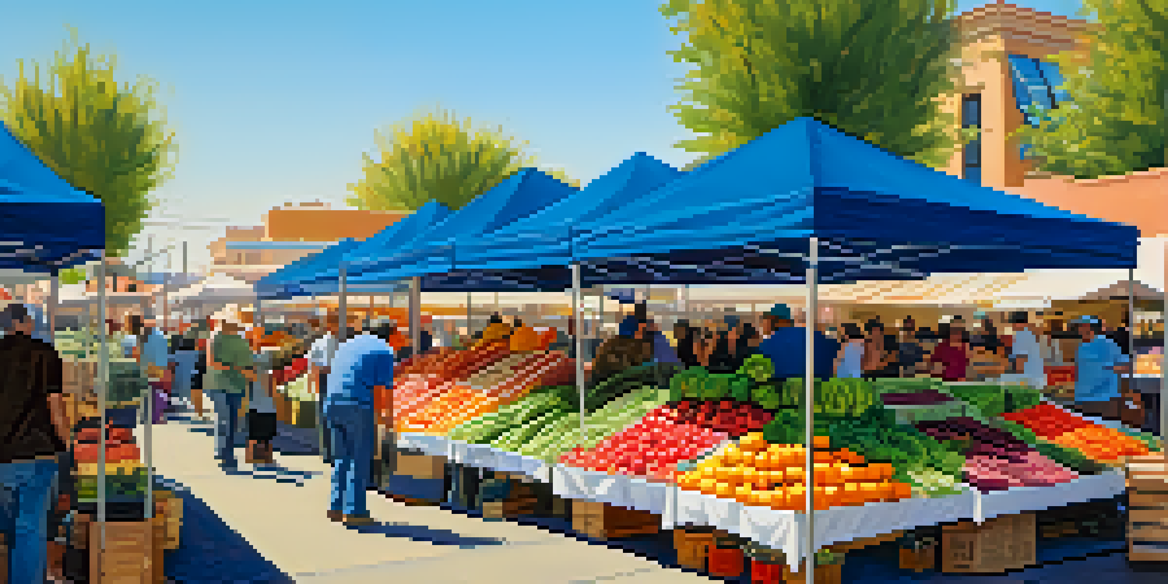 A lively farmers' market in Phoenix with colorful produce, local vendors, and customers enjoying the atmosphere under a blue sky.