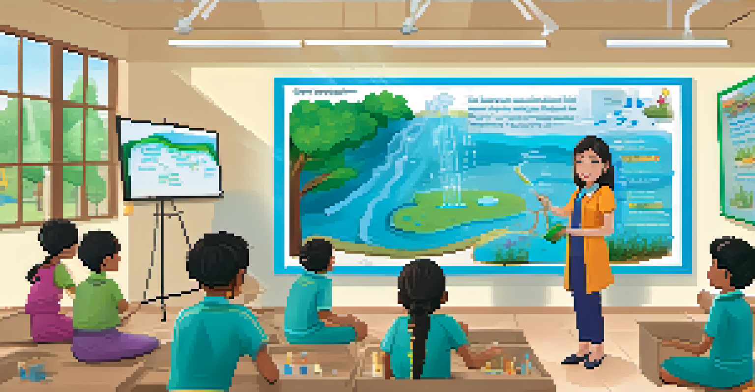 A classroom scene where children learn about water conservation, with a teacher demonstrating a smart irrigation system.