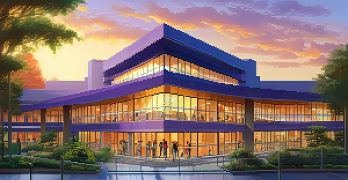 A Phoenix public school campus with students engaging in outdoor activities during sunset, surrounded by greenery.